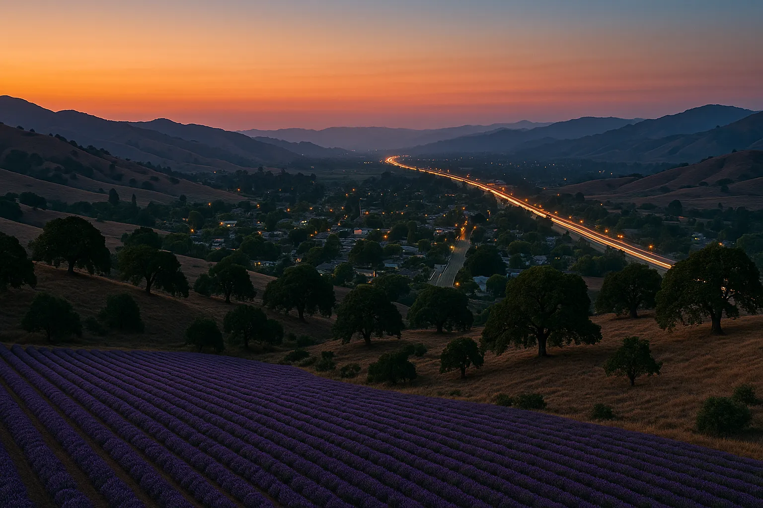 Aerial dusk photograph of Aromas showcasing vibrant lavender fields in neat rows under a golden-orange sunset sky, oak-dotted hills rising in the midground, and Highway 101 glowing with light trails as it snakes through the valley toward distant twilight hills.